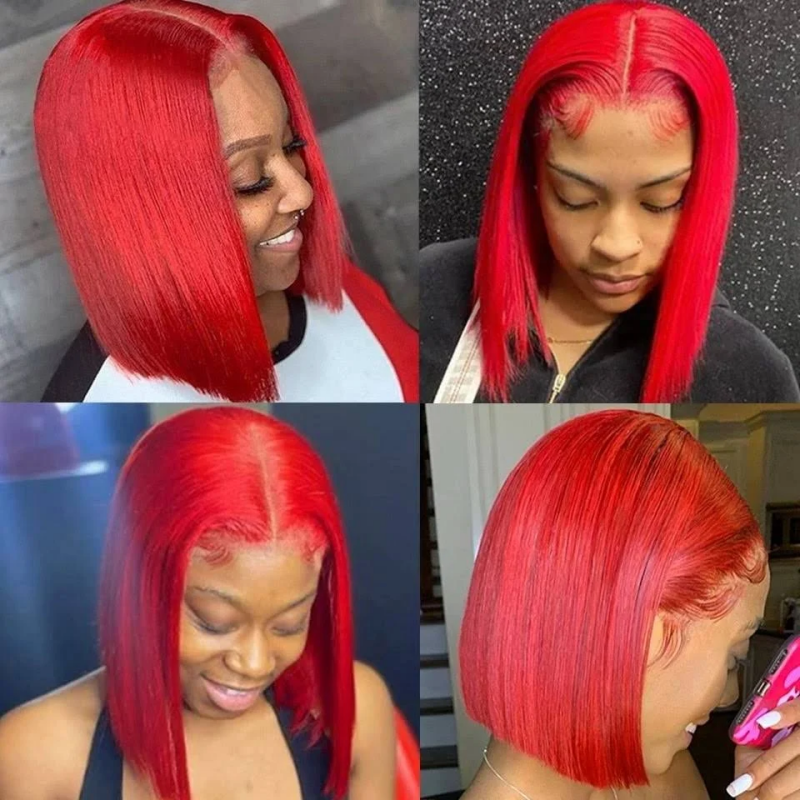Vibrant Red Blunt Cut Bob Wig Shown On Two Models, Highlighting Natural Hairline and Sleek Style