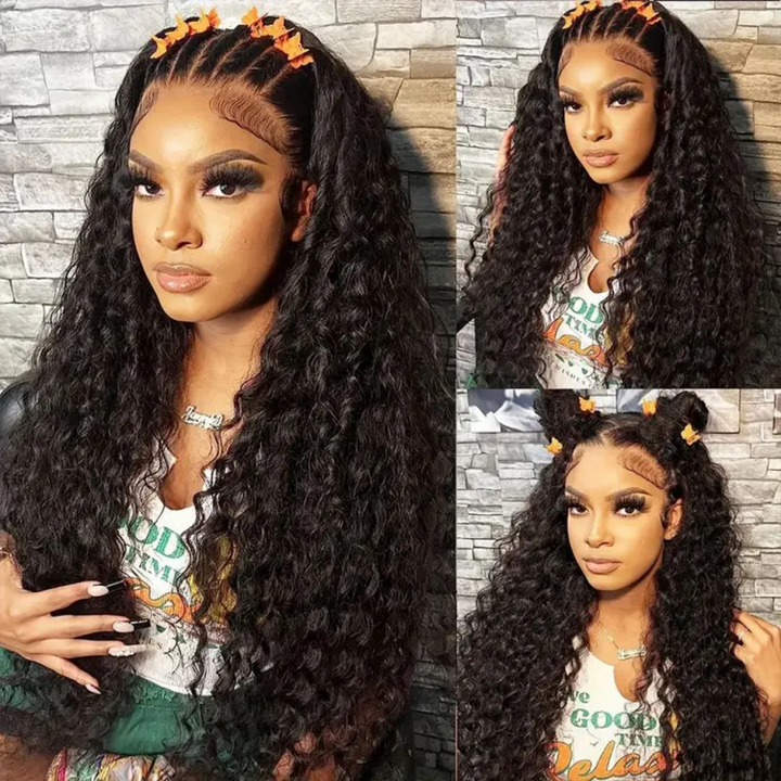 Model Wearing 30-Inch Deep Wave Wig With Butterfly Clips, Showcasing Natural Curls and Volume