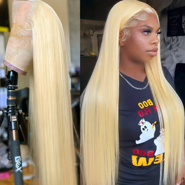 Honey Blonde Straight Hair Wig On Mannequin and Worn By Model With Sleek Style