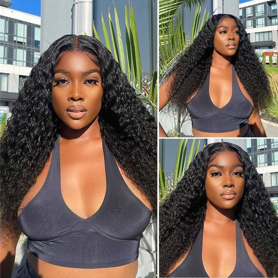 Model in Black Crop Top Wearing Long Water Wave Wig, Highlighting Defined Curls