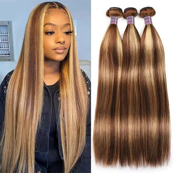 Model with honey blonde highlight Brazilian straight hair extensions in different settings, showcasing unprocessed human hair weave in P4/27 color.