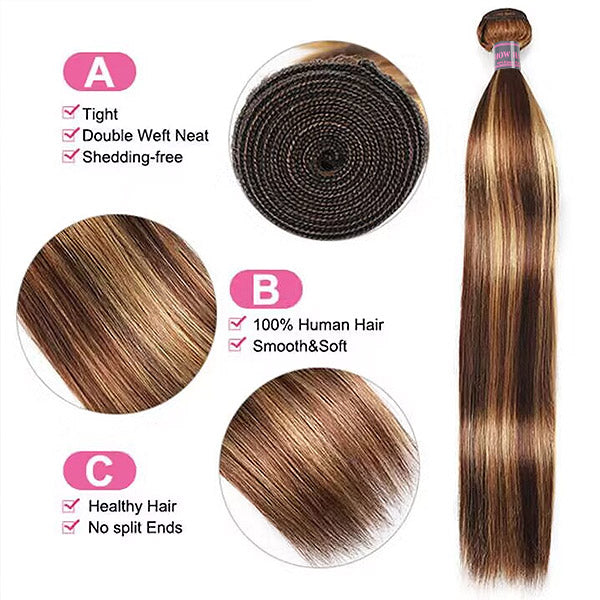 Three Bundles P4/27 Honey Blonde Straight Hair Weave With Double Weft and Soft Texture