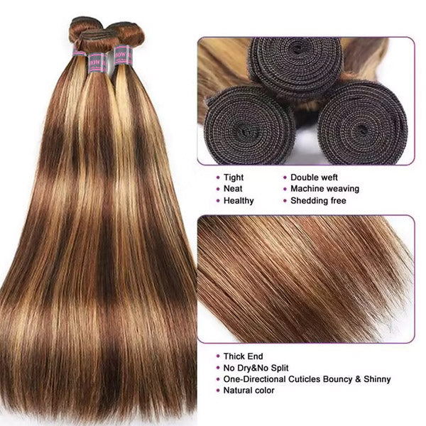 Three Bundles of Honey Blonde Highlight Straight Human Hair Weave With Neat Wefts