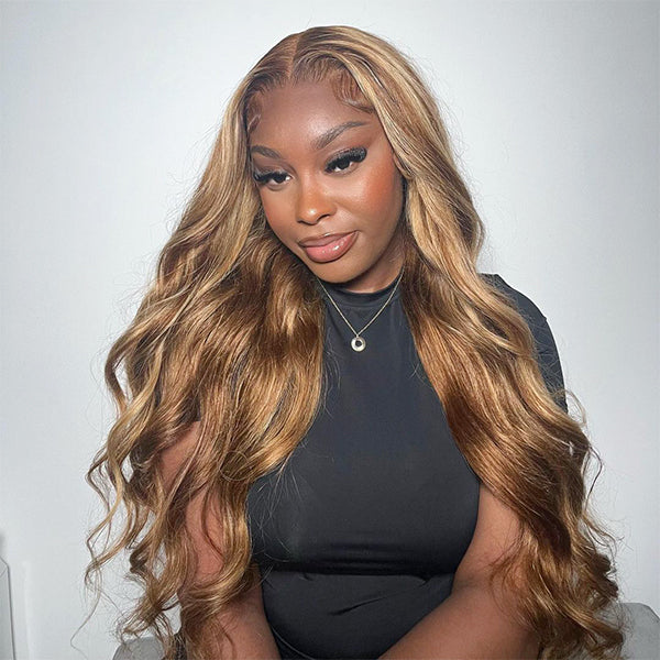 Woman Showcasing P4/27 Body Wave Wig With Natural Highlights