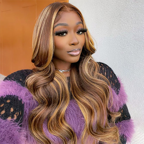 Model Showcasing P4/27 Body Wave Wig With Natural Highlights and Smooth Texture