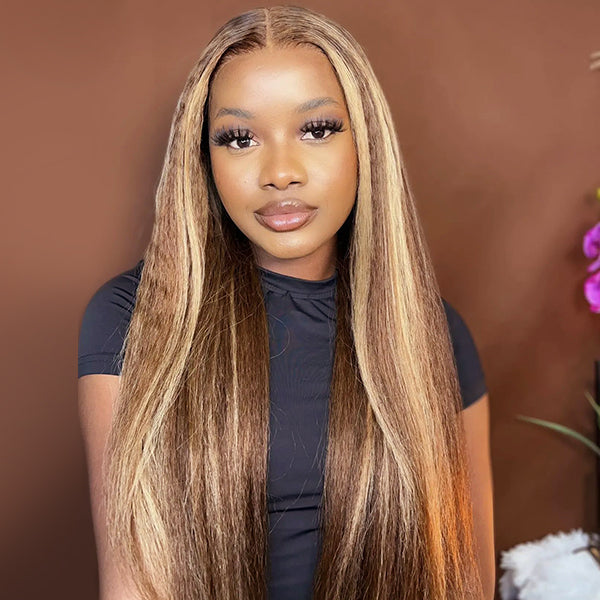 Ishow Honey Blonde Kinky Straight Wig Styled On Model With Long Hair