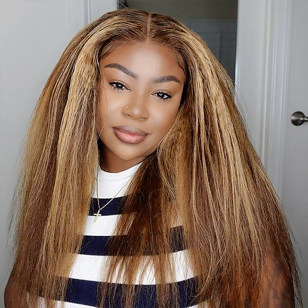 Model Wearing Ishow Highlighted Honey Blonde Wig With Long Kinky Straight Texture