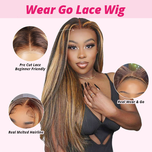 Model Showcasing Ishow PPB Highlighted Honey Blonde Wig With Pre-Cut Lace
