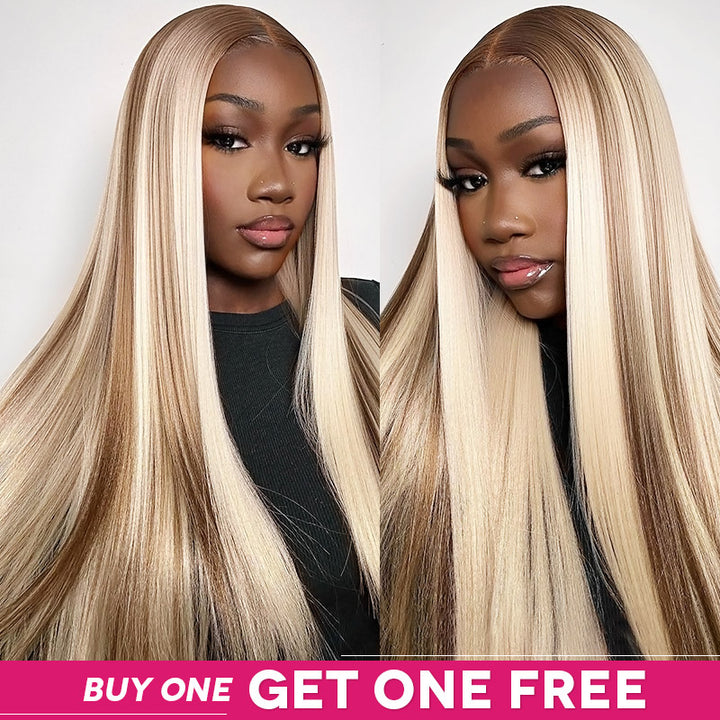 Woman With Long Straight Blonde Wig With Highlights and Promotional Text