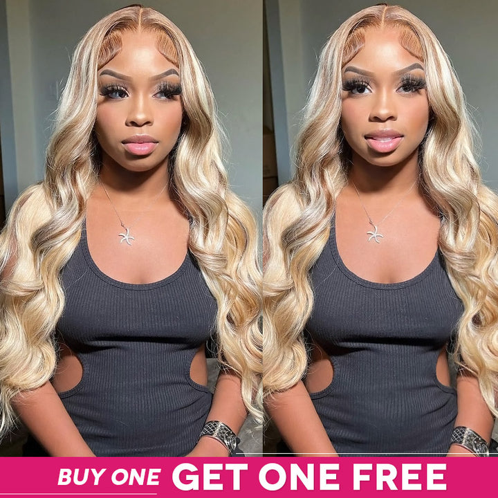 Woman with long platinum blonde body wave hair wearing a light blue denim jacket. Ishow Beauty colored ready to wear wigs in P10/613 offer.