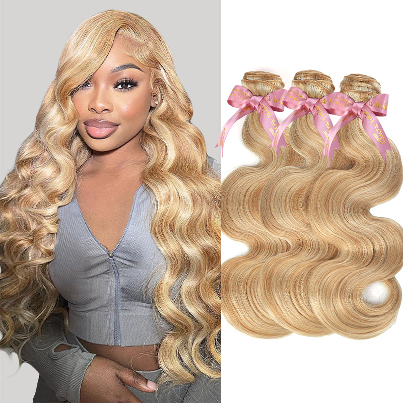 Honey Blonde Body Wave Bundles With a Woman Wearing the Same Hairstyle