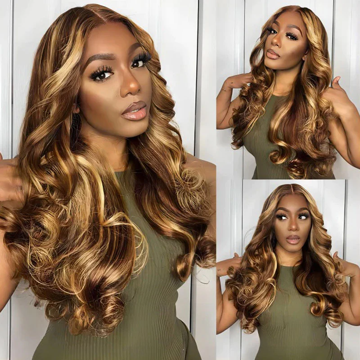 Honey Blonde Highlighted Body Wave Wig Worn By a Model in Three Poses