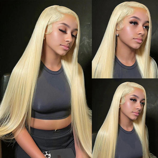 Sleek Honey Blonde Straight Wig Displayed On Model With Casual Outfit