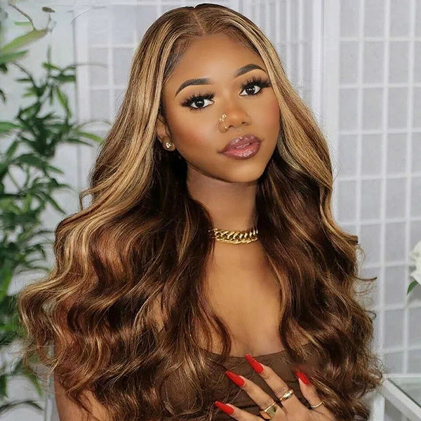 Woman showing Ishow PPB™ Invisible Knots P4/27 Highlight Body Wave Wig, pre-cut 13x6 lace frontal, styled in body wave texture with highlights, wearing blue top and cross necklace.