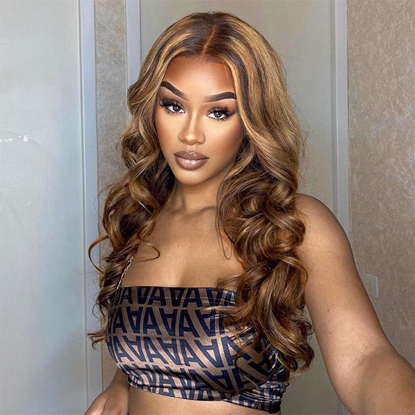 Model Showcasing P4/27 Highlight Body Wave Wig With Smooth Curls and Nude Makeup
