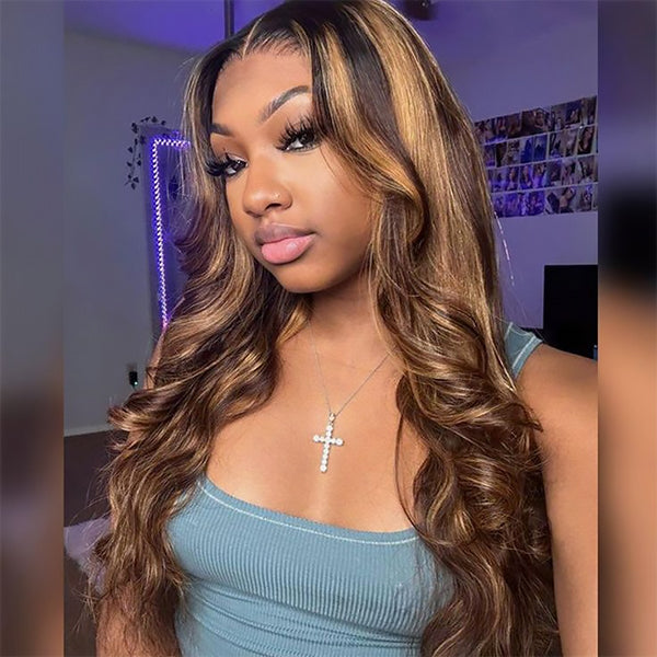 Woman With Long P4/27 Highlight Body Wave Wig and Cross Necklace