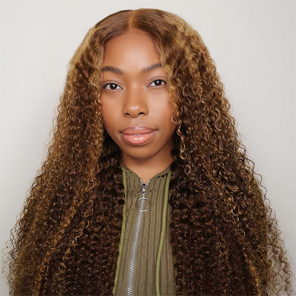 Kinky Curly Balayage Highlight Wig in P4/27 Color Worn By Model