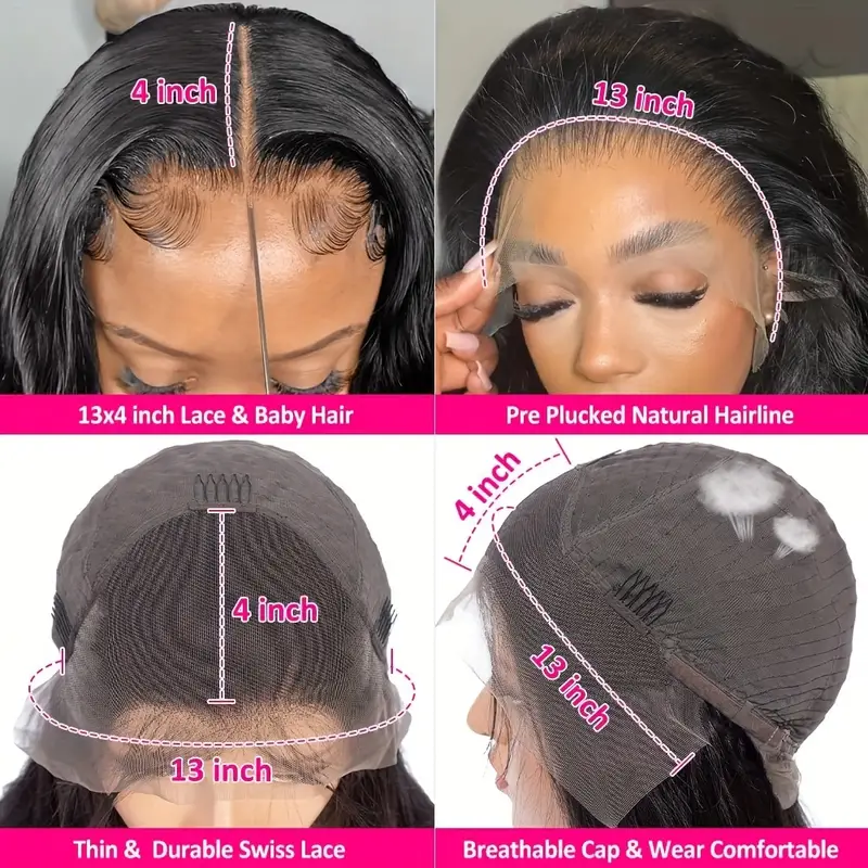 Close-Up of 13X4 Lace Frontal Wig Details Including Lace Size and Pre-Plucked Hairline