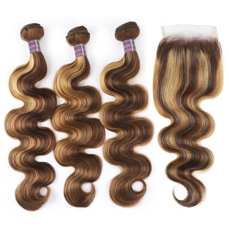 Honey Blonde Body Wave Human Hair Bundles With Matching Lace Closure, Soft Waves