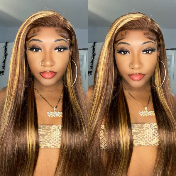 Model Displaying Honey Blonde Balayage Wig With Highlights and Sleek Straight Texture