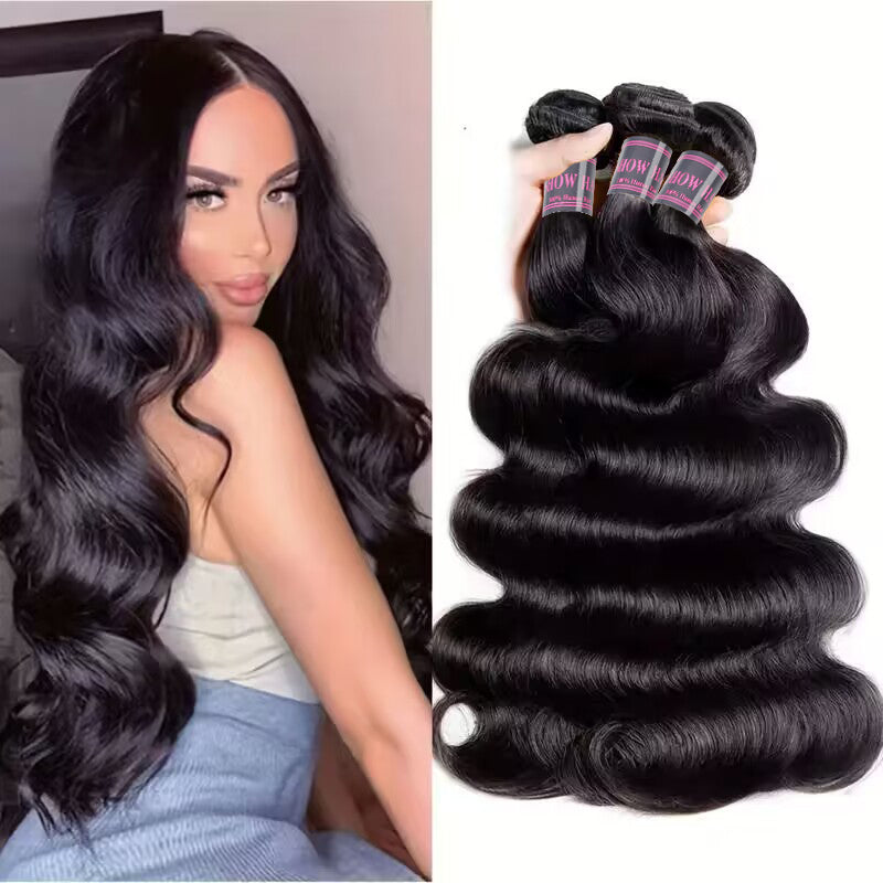 Woman Showcasing Body Wave Human Hair Bundles in Natural Black Color