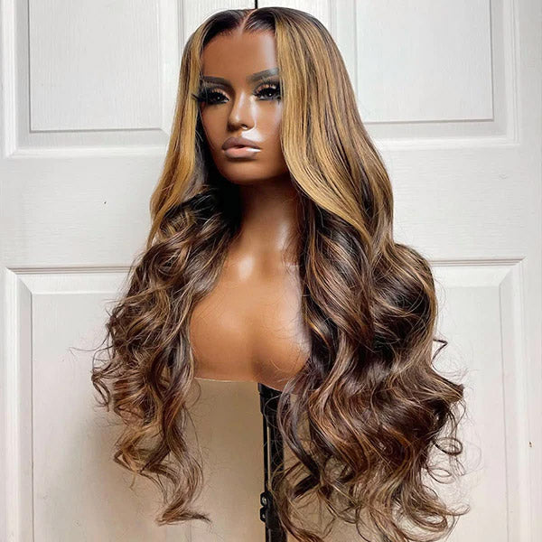 20 P4/27 Balayage Highlight Body Wave Lace Wig On Mannequin With Voluminous Curls
