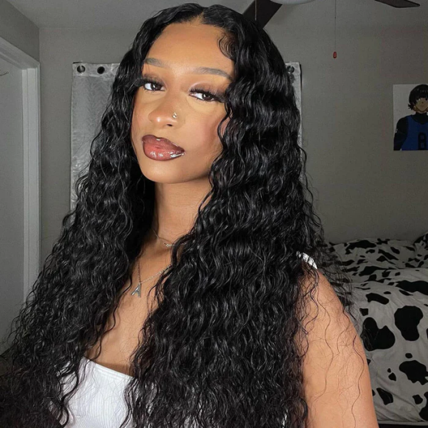 Woman Displaying 34-Inch Water Wave Wig With Natural Volume and Style