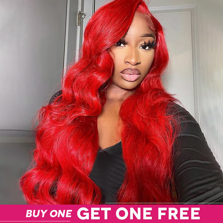 Two vibrant red straight wigs from Ishow Beauty. Left: woman wearing a red wig; Right: mannequin with a red wig. Banner text: 'Buy One Get One Free'.