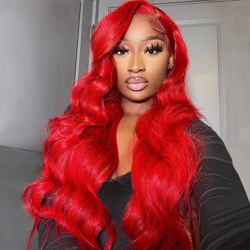 Vibrant Red Body Wave Lace Wig Displayed On Model, Perfect for Beginners