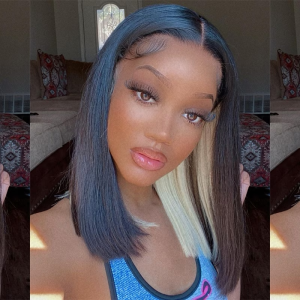 Woman With Straight Bob Wig in Highlighted Blonde and Dark Brown Colors
