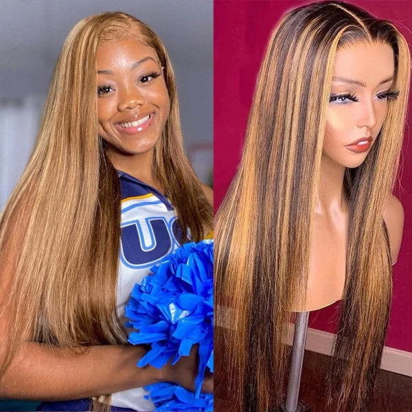 Smiling Woman in Cheerleading Outfit With Blue Pom-Pom Beside 20 P4/27 Straight HD Lace Wig