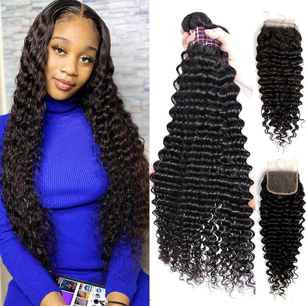 Woman with long deep wave curly hair wearing a blue top next to Deep Wave Brazilian Hair Bundles with 4x4 Lace Closure in natural black color from Ishow Beauty.