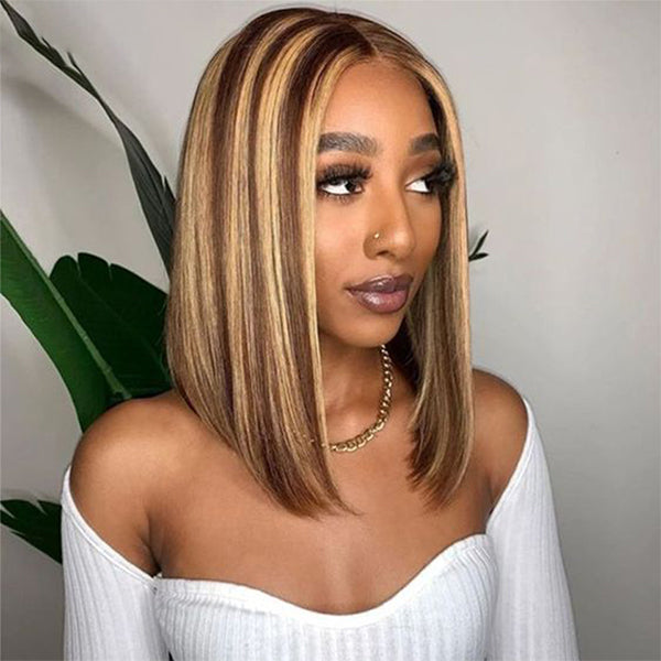 Model Showcasing Balayage Straight Bob Wig With Highlights