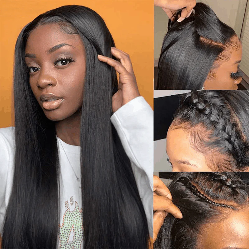 Model With Straight Black Hair Showcasing Lace Closure and Braided Hairstyles