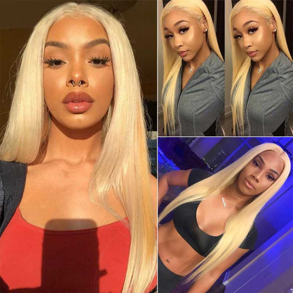 Long Straight Honey Blonde Wig Displayed On a Model With Stylish Makeup and Outfits
