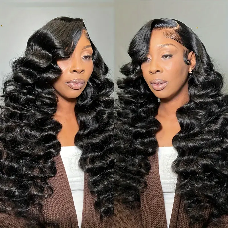 Model Showcasing Long, Loose Deep Wave Hairstyle With Natural Black Color