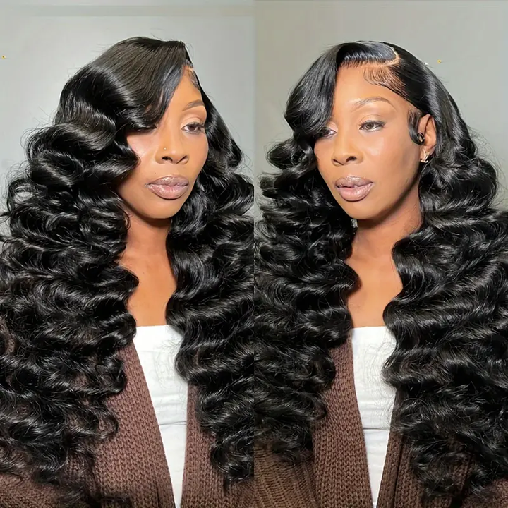 Model Showcasing Long, Loose Deep Wave Hairstyle With Natural Black Color