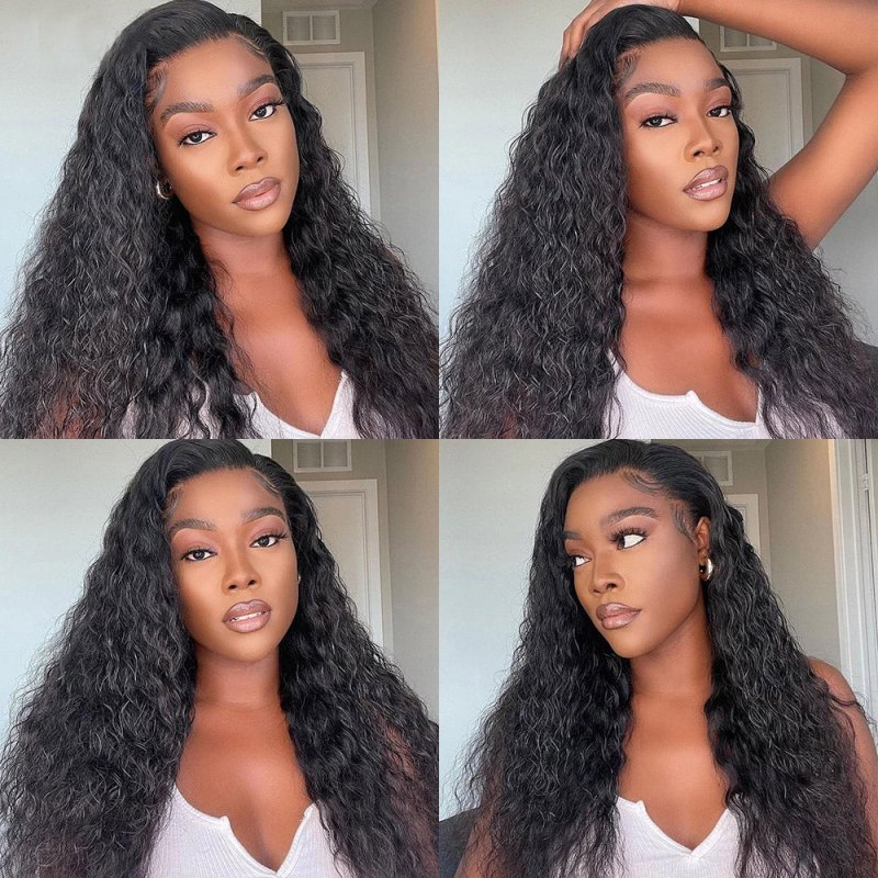 Woman Showcasing Water Wave Human Hair Wig in Natural Black Color