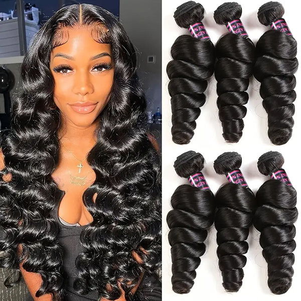 Two women wearing long loose wave Indian human hair wigs with soft waves and braided styles. Text displays: 'Model Length: 26 28 28 Price After Discount: $164.58'