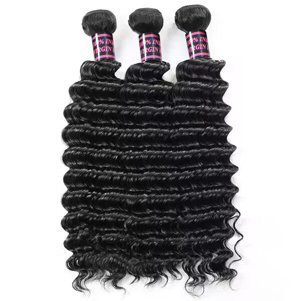 Three Natural Black Deep Wave Human Hair Bundles With Defined Curls