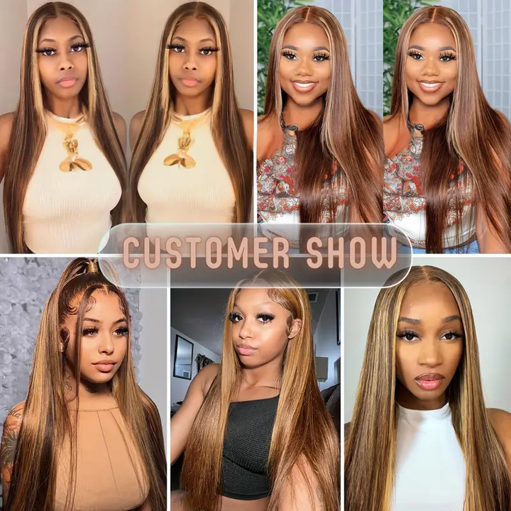 Collage of Women Displaying Honey Blonde Straight Hair Weaves in Various Styles