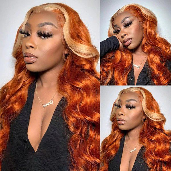 Model Wearing Ginger Blonde Body Wave Lace Front Wig With Long, Vibrant Curls