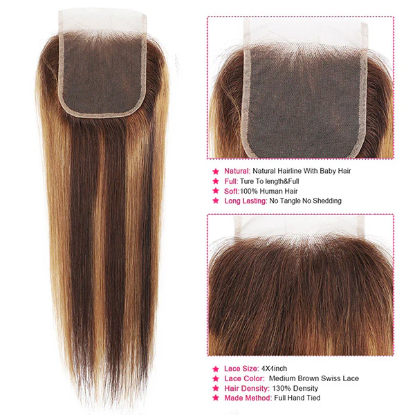 4X4 Lace Closure With P4/27 Highlights and Natural Hairline, No Shedding Or Tangling