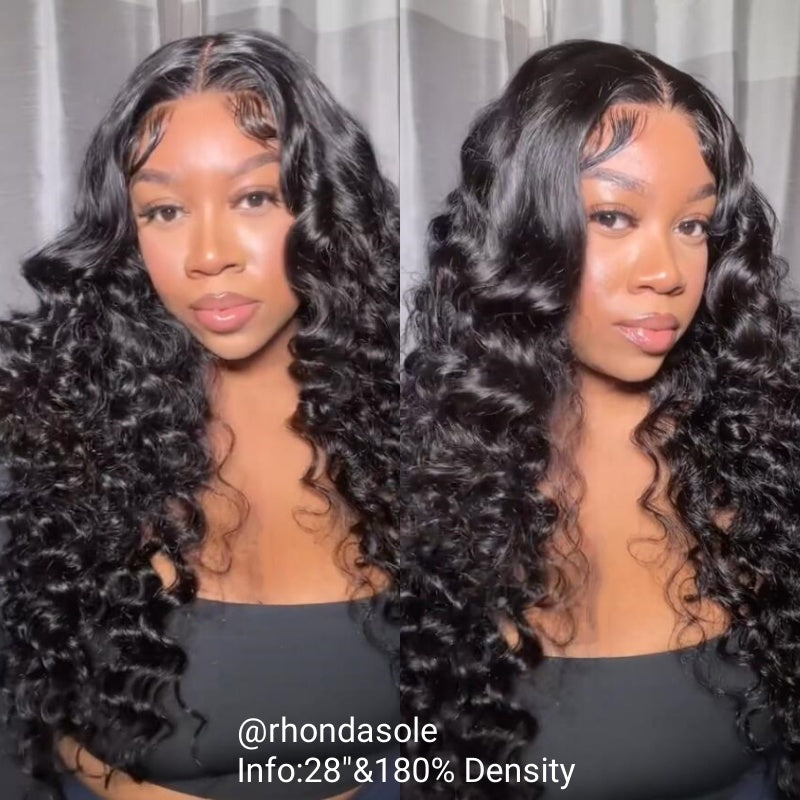 Model Displays Voluminous 28-Inch Loose Deep Wave Wig With Natural Curls