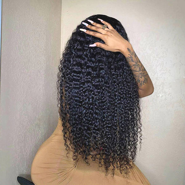 Back View of a Woman Wearing a Natural Black Water Wave 34-Inch Wig