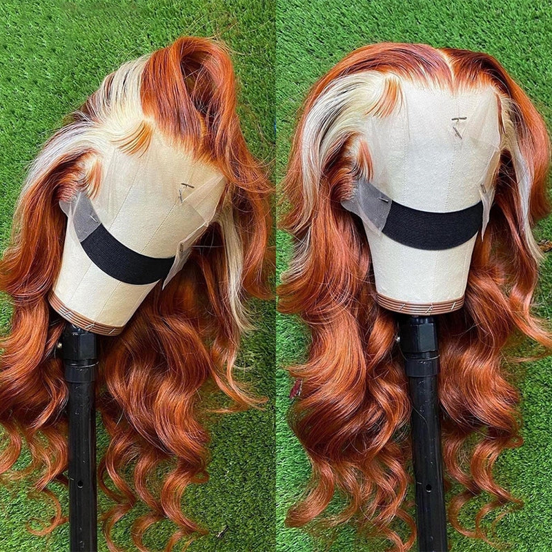 Ginger Blonde Body Wave Lace Front Wig On a Wig Stand With Long, Flowing Curls