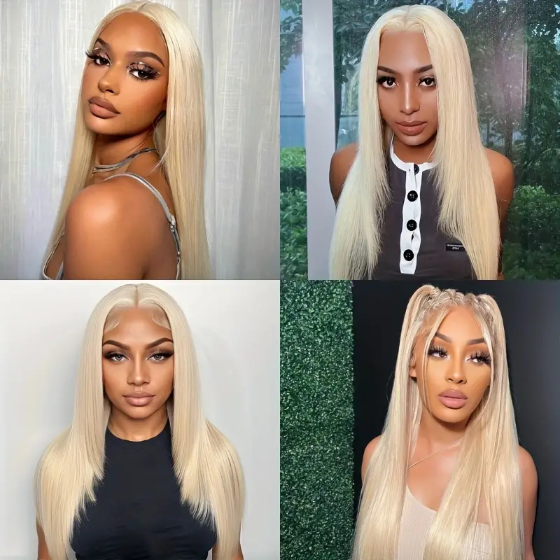 Models Displaying 613 Blonde Straight Human Hair Bundles in Various Styles and Lengths