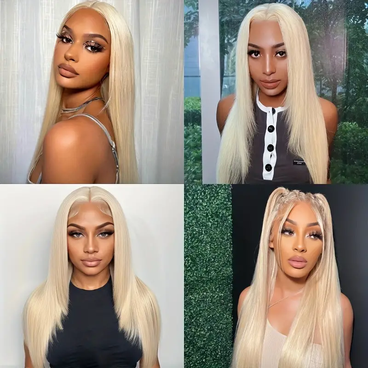 Models Displaying 613 Blonde Straight Human Hair Bundles in Various Styles and Lengths