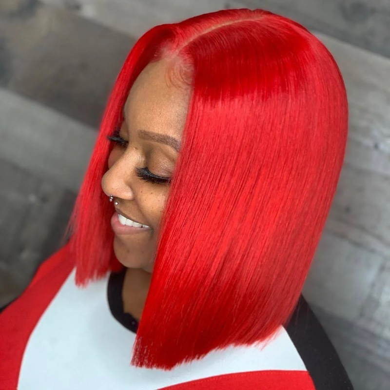 Ishow Red Blunt Cut Bob Wig on person wearing white hoodie and on a wig stand, showcasing sleek straight texture and ready-to-wear natural hairline.