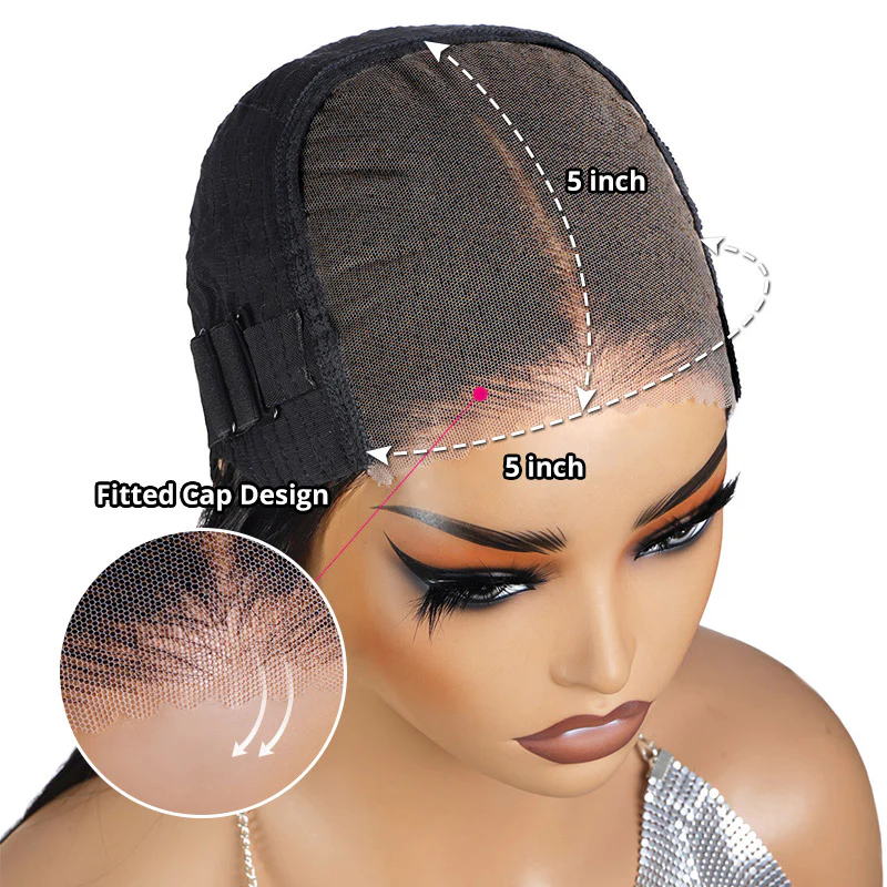 Fitted Cap Design of a 5X5 Lace Closure Wig With Adjustable Straps and Lace Area